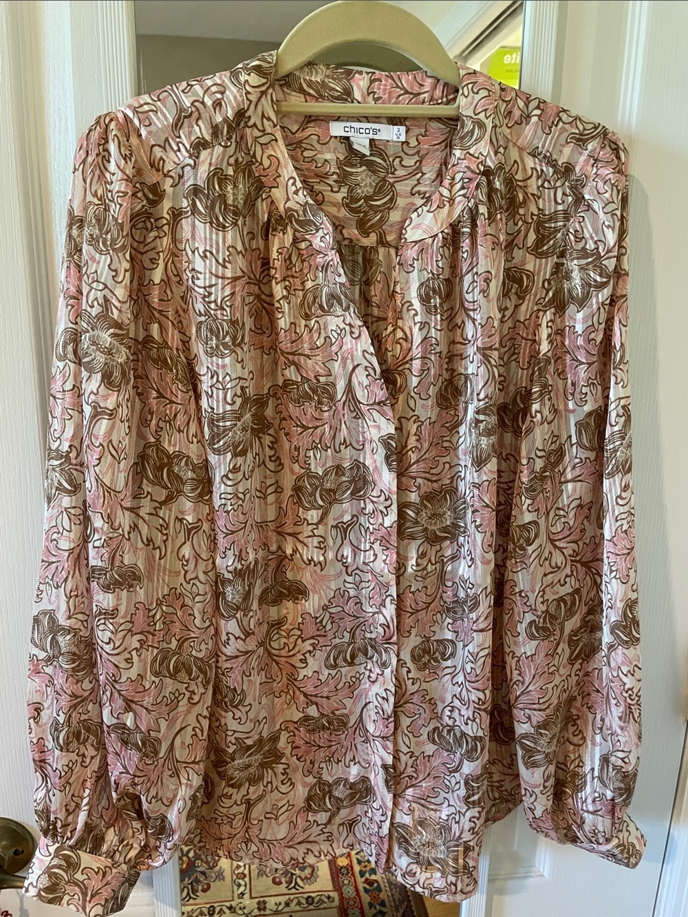 Chico's Pink and Brown Floral with Gold Thread Long-Sleeve Blouse